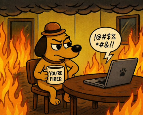 COO Cartoon dog in a burning office calmly holding a “You’re fired” mug while a laptop sends angry, profane messages, symbolizing setting boundaries in a chaotic environment.