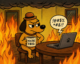 COO Cartoon dog in a burning office calmly holding a “You’re fired” mug while a laptop sends angry, profane messages, symbolizing setting boundaries in a chaotic environment.
