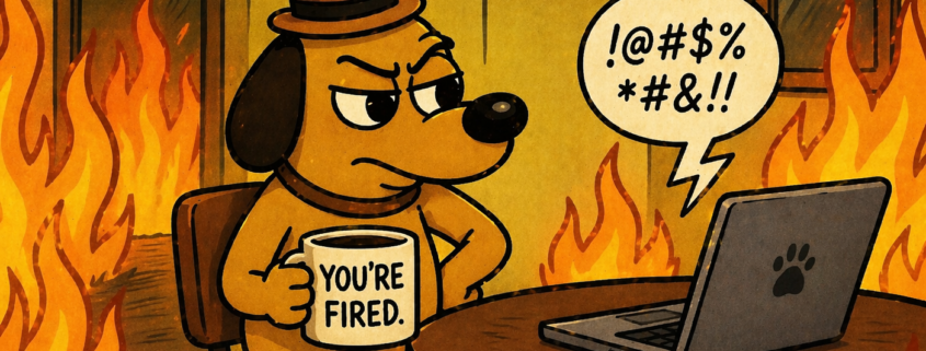 COO Cartoon dog in a burning office calmly holding a “You’re fired” mug while a laptop sends angry, profane messages, symbolizing setting boundaries in a chaotic environment.