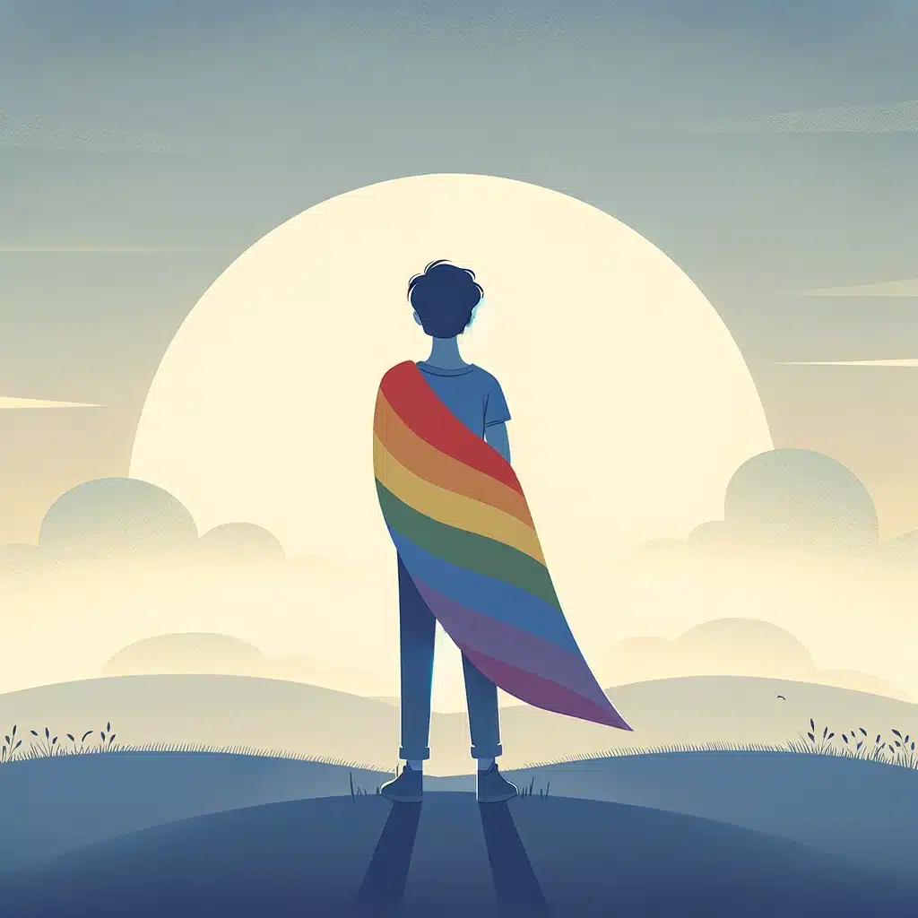 A-serene-and-simple-illustration-that-conveys-support-for-LGBTQ-youth.-The-focus-is-on-a-single-young-person-standing-confidently-holding-a-rainbow