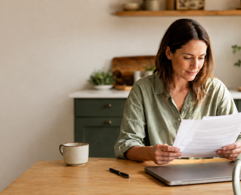 Woman reading a document. Laptop, pen, and mug on her table.