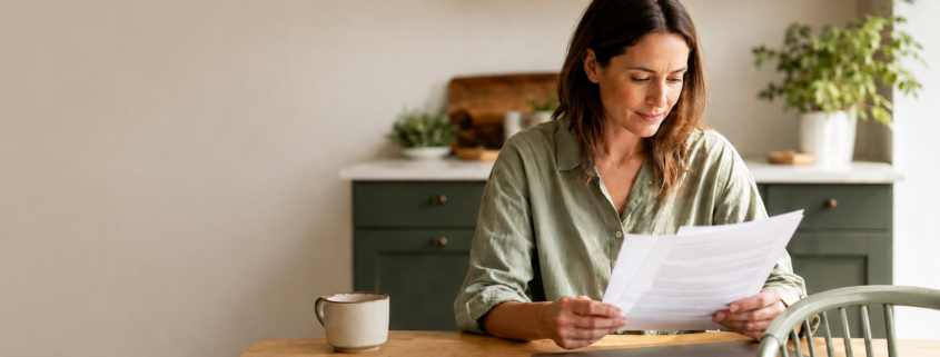 Woman reading a document. Laptop, pen, and mug on her table.