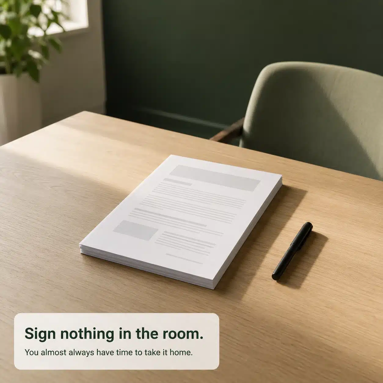 Papers and a pen on a desk with the note: Sign nothing in the room. You almost always have time to take it home.