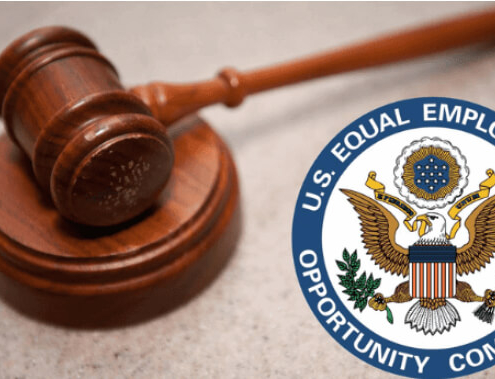 Picture of a judge's gavel with the U.S. Equal Employment Opportunity Commission EEOC logo in the bottom right.